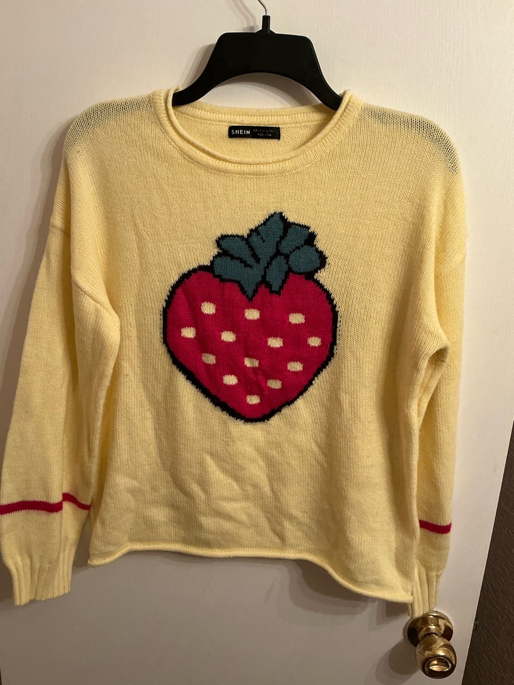 SHEIN Yellow Knit Sweater with Red Strawberry Motif